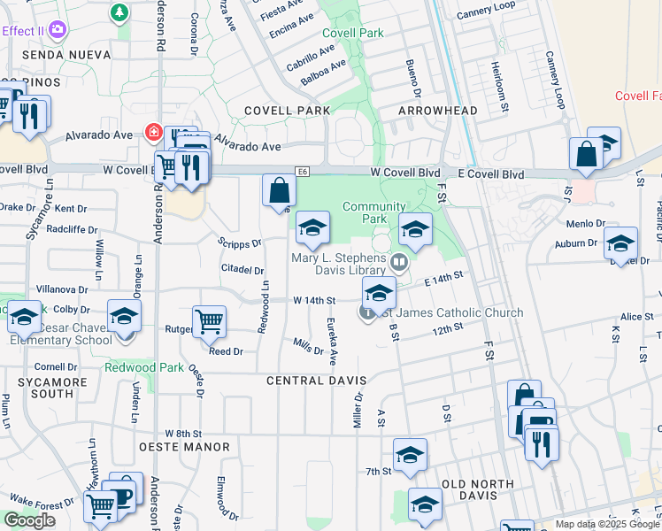 map of restaurants, bars, coffee shops, grocery stores, and more near 315 West 14th Street in Davis