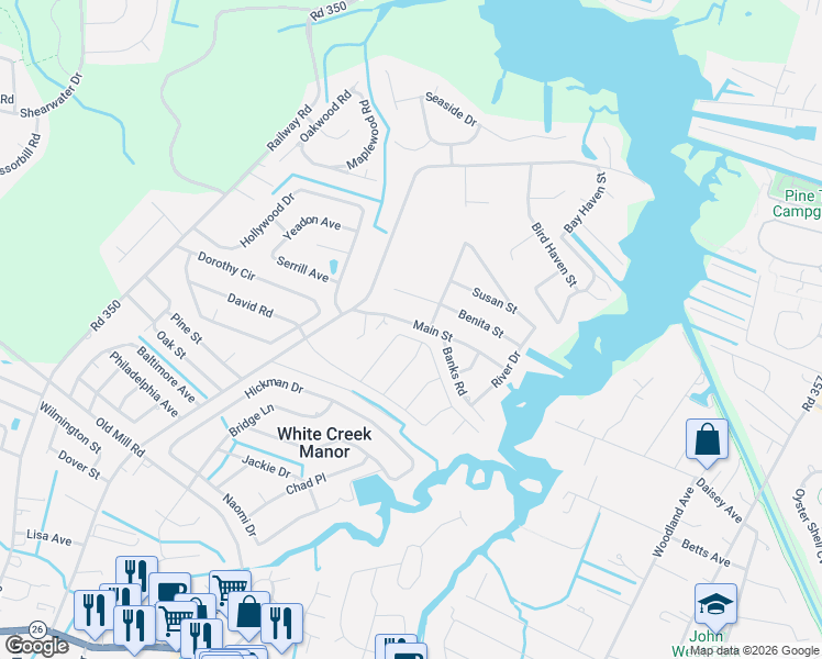 map of restaurants, bars, coffee shops, grocery stores, and more near 30569 Peaceful Lane in Ocean View