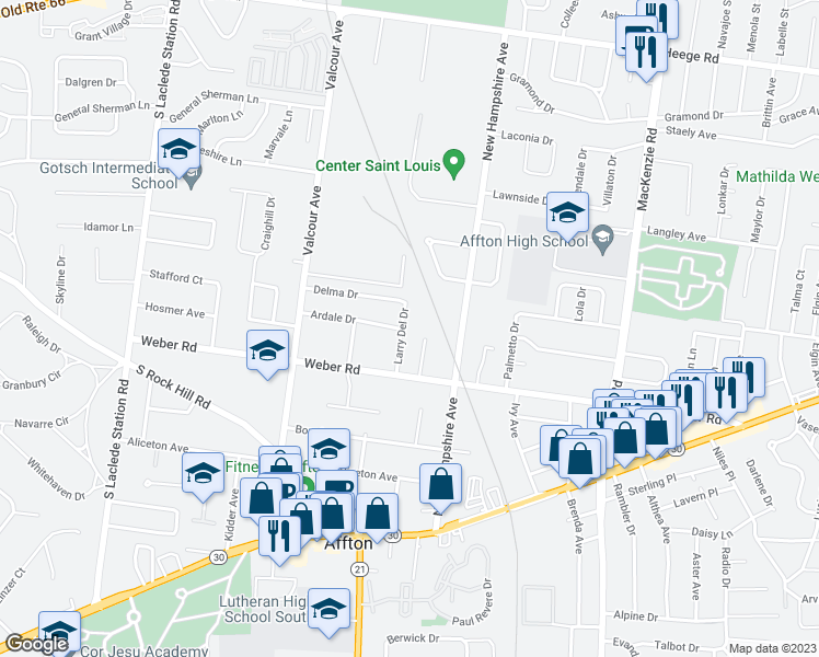 map of restaurants, bars, coffee shops, grocery stores, and more near 6807 Ardale Drive in Affton