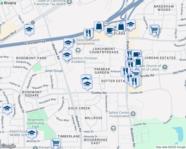 map of restaurants, bars, coffee shops, grocery stores, and more near 9535 Rose Vista Court in Sacramento