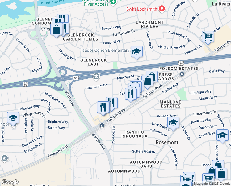 map of restaurants, bars, coffee shops, grocery stores, and more near Manlove Road in Sacramento