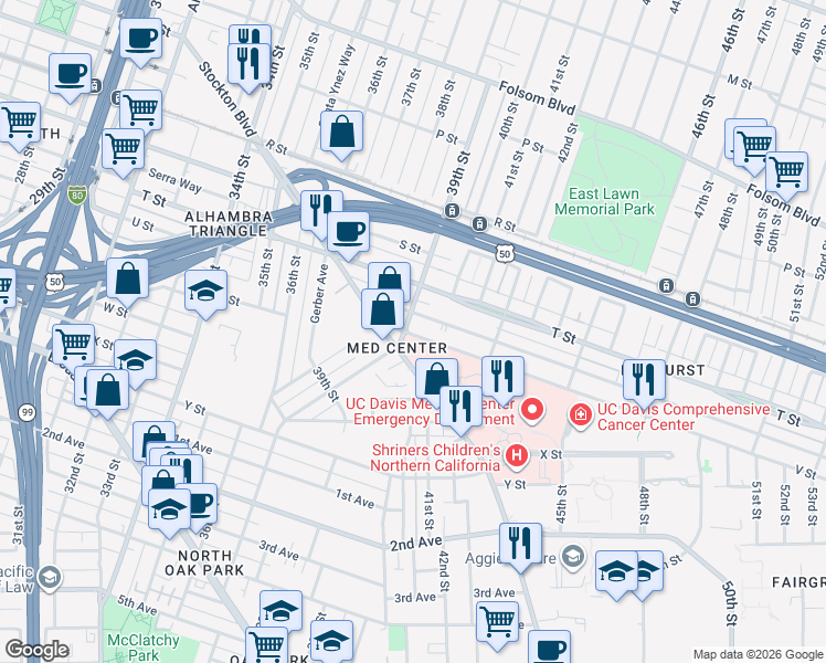 map of restaurants, bars, coffee shops, grocery stores, and more near 3849 V Street in Sacramento