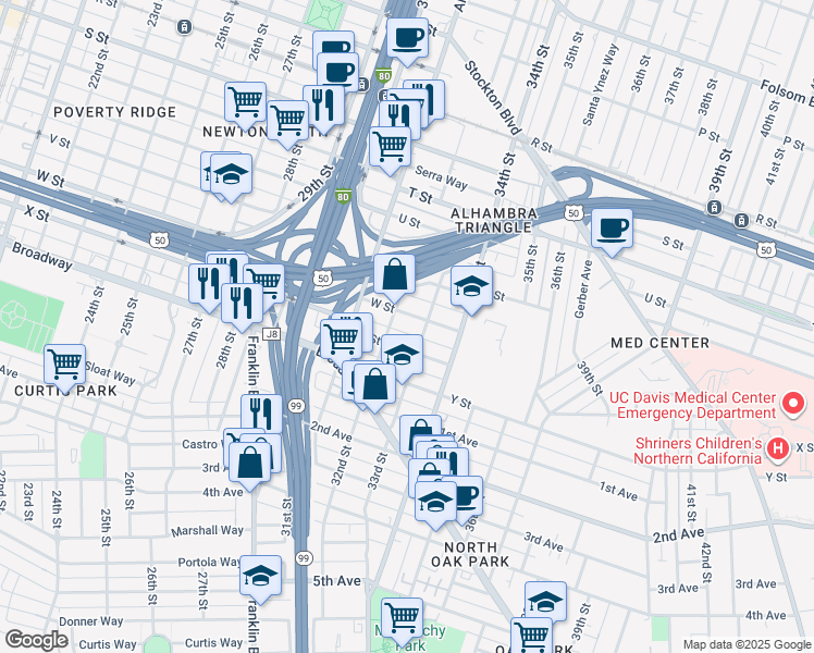 map of restaurants, bars, coffee shops, grocery stores, and more near 3208 W Street in Sacramento