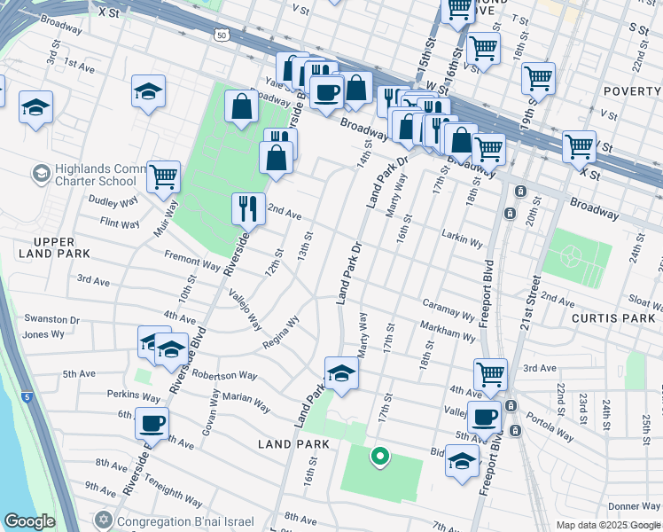 map of restaurants, bars, coffee shops, grocery stores, and more near 2725 14th Street in Sacramento