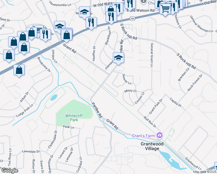 map of restaurants, bars, coffee shops, grocery stores, and more near 7912 Royal Arms Court in St. Louis