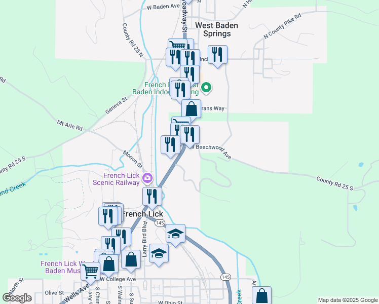 map of restaurants, bars, coffee shops, grocery stores, and more near 8493 Highway 56 in French Lick