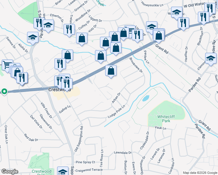 map of restaurants, bars, coffee shops, grocery stores, and more near 9400 Mary Glen Drive in St. Louis