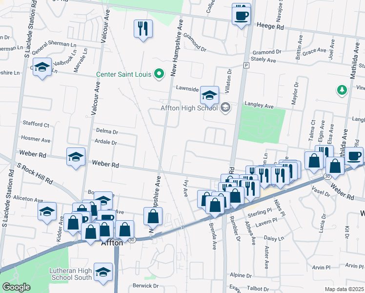 map of restaurants, bars, coffee shops, grocery stores, and more near 8505 Palmetto Drive in Affton