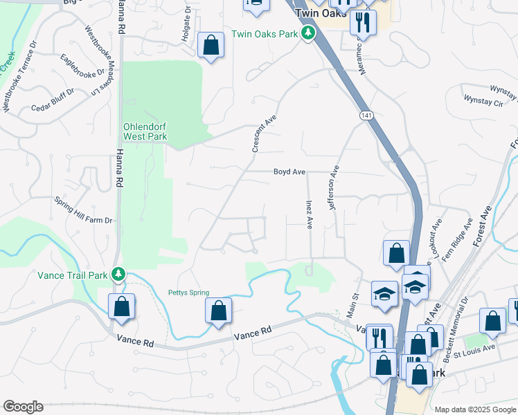 map of restaurants, bars, coffee shops, grocery stores, and more near 3 Hill Drive in Valley Park