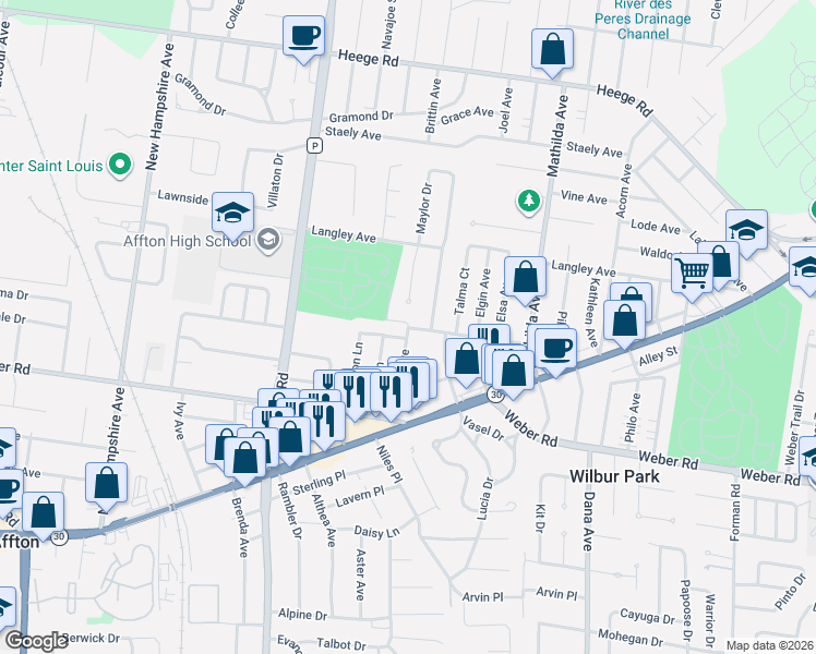 map of restaurants, bars, coffee shops, grocery stores, and more near 8551 Brinker Avenue in Affton