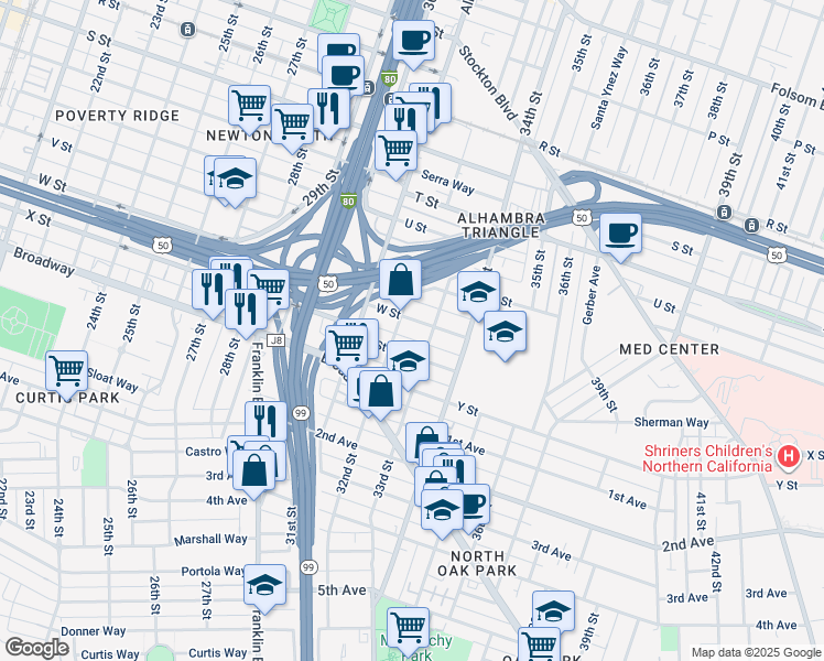 map of restaurants, bars, coffee shops, grocery stores, and more near 3208 W Street in Sacramento