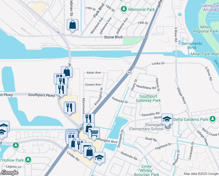 map of restaurants, bars, coffee shops, grocery stores, and more near 2187 Valley Oak Lane in West Sacramento