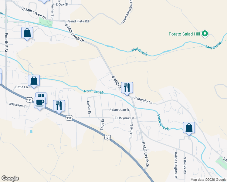 map of restaurants, bars, coffee shops, grocery stores, and more near 1036 East Mill Creek Drive in Moab