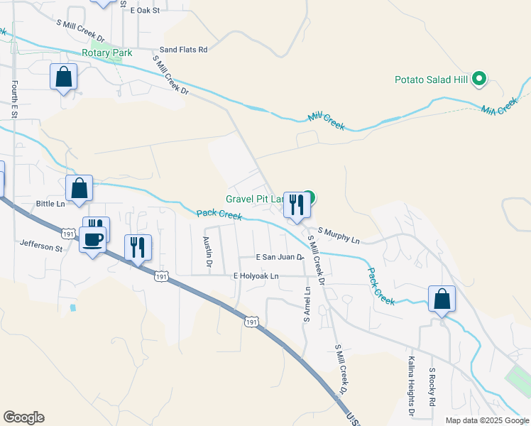map of restaurants, bars, coffee shops, grocery stores, and more near 1036 East Mill Creek Drive in Moab