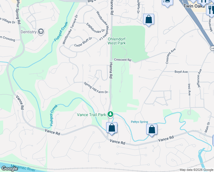 map of restaurants, bars, coffee shops, grocery stores, and more near 1315 Hanna Road in Ballwin