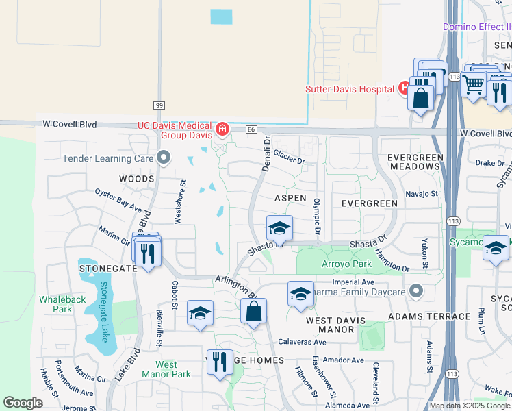 map of restaurants, bars, coffee shops, grocery stores, and more near 2304 Lassen Place in Davis