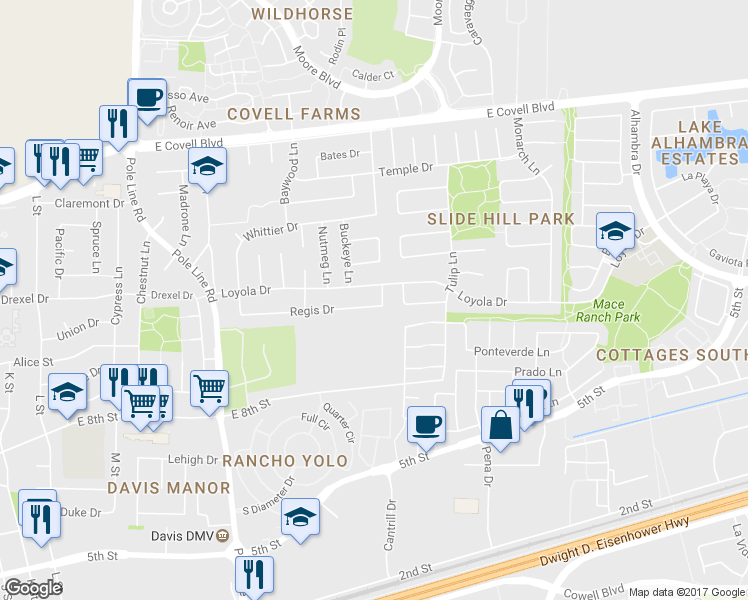 map of restaurants, bars, coffee shops, grocery stores, and more near 2527 Regis Drive in Davis