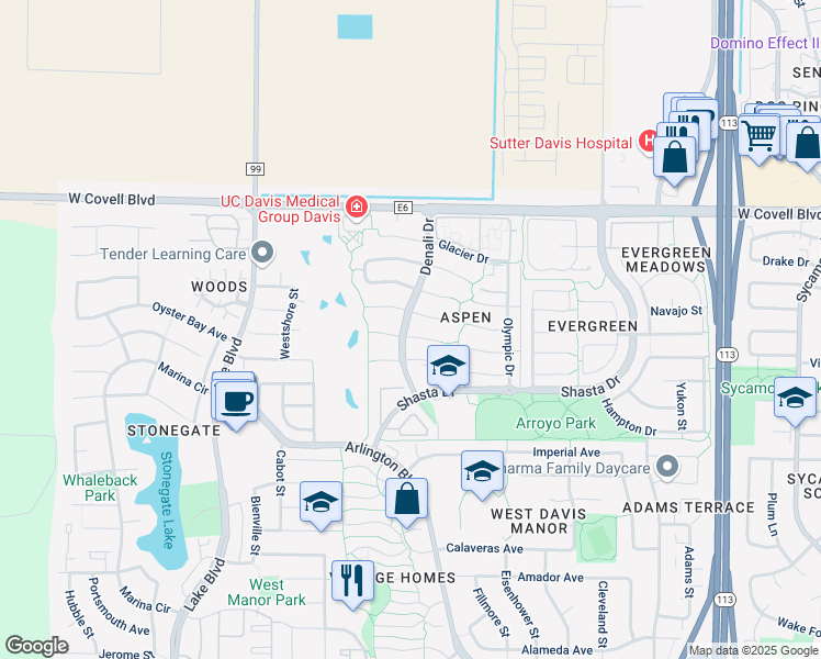 map of restaurants, bars, coffee shops, grocery stores, and more near 2304 Lassen Place in Davis