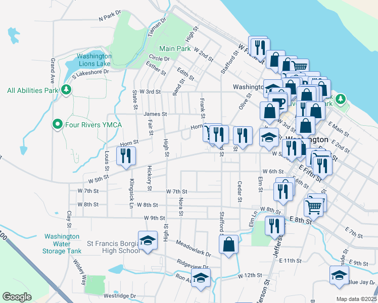 map of restaurants, bars, coffee shops, grocery stores, and more near 715 West 5th Street in Washington