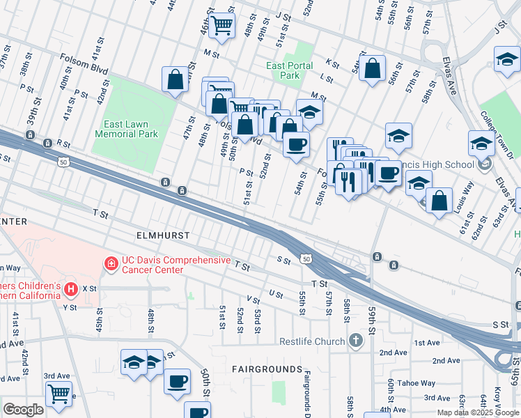 map of restaurants, bars, coffee shops, grocery stores, and more near 5208 Q Street in Sacramento