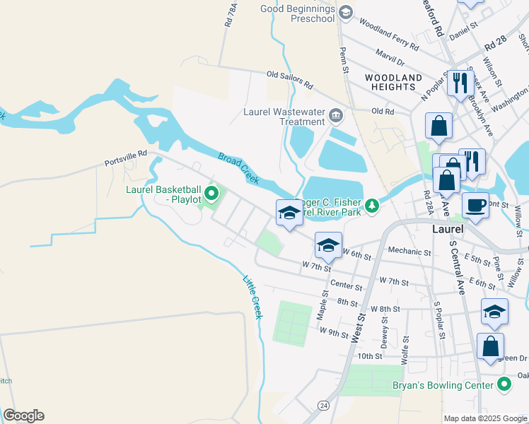 map of restaurants, bars, coffee shops, grocery stores, and more near 499 West 6th Street in Laurel