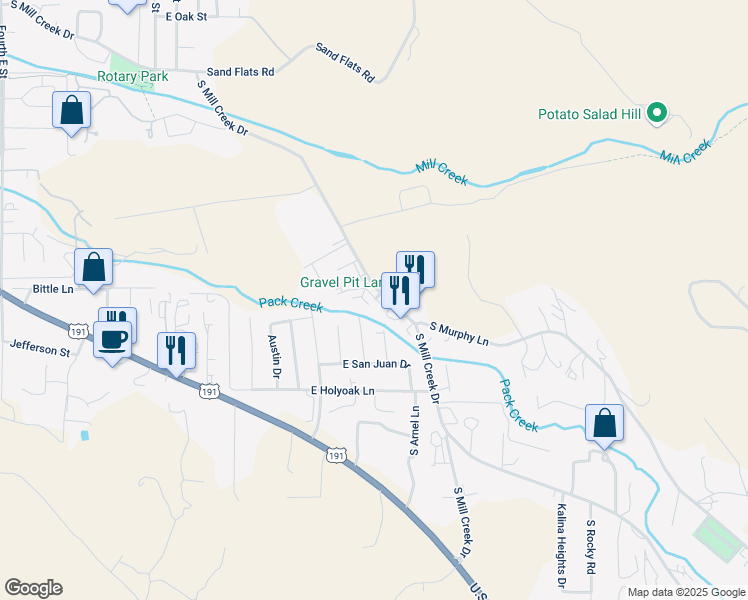 map of restaurants, bars, coffee shops, grocery stores, and more near 1036 South Mill Creek Drive in Moab