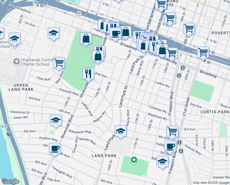 map of restaurants, bars, coffee shops, grocery stores, and more near 2725 14th Street in Sacramento