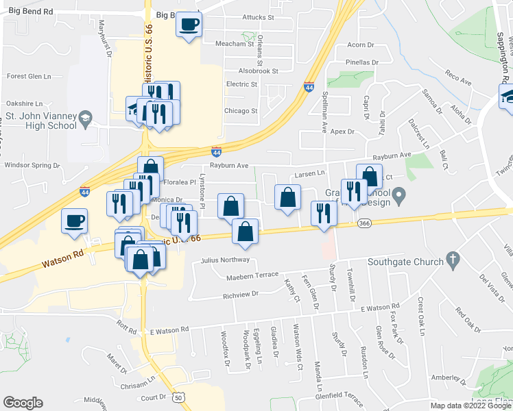 map of restaurants, bars, coffee shops, grocery stores, and more near 252 Monica Drive in St. Louis