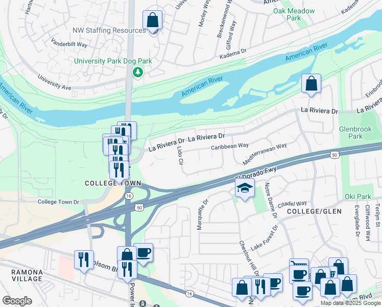 map of restaurants, bars, coffee shops, grocery stores, and more near 8082 Caribbean Way in Sacramento