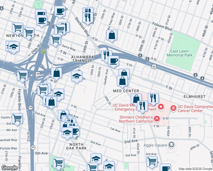 map of restaurants, bars, coffee shops, grocery stores, and more near 2201 Gerber Avenue in Sacramento