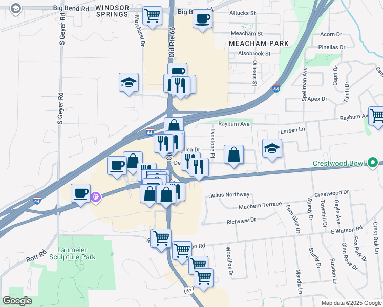 map of restaurants, bars, coffee shops, grocery stores, and more near 128 Monica Drive in St. Louis