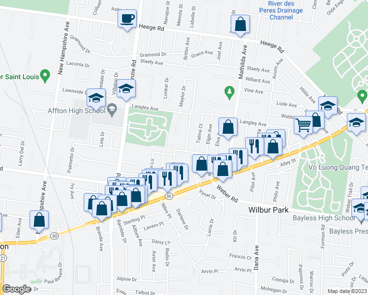 map of restaurants, bars, coffee shops, grocery stores, and more near 8561 Vasel Avenue in St. Louis