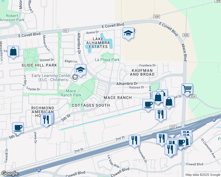 map of restaurants, bars, coffee shops, grocery stores, and more near 3801 Vistosa Court in Davis