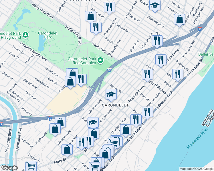 map of restaurants, bars, coffee shops, grocery stores, and more near 6647 Alabama Avenue in St. Louis