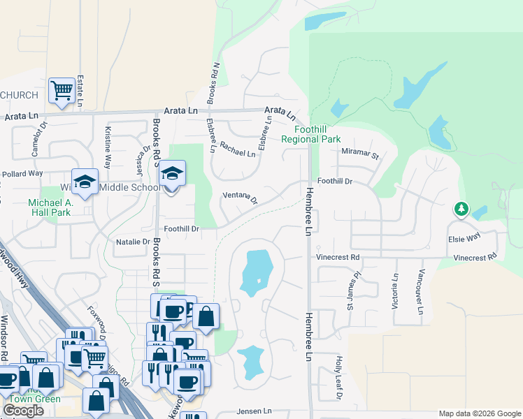map of restaurants, bars, coffee shops, grocery stores, and more near 955 Foothill Drive in Windsor