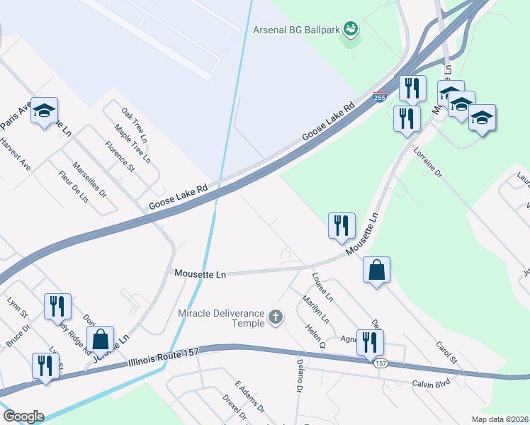 map of restaurants, bars, coffee shops, grocery stores, and more near 2231 Loren Street in Cahokia