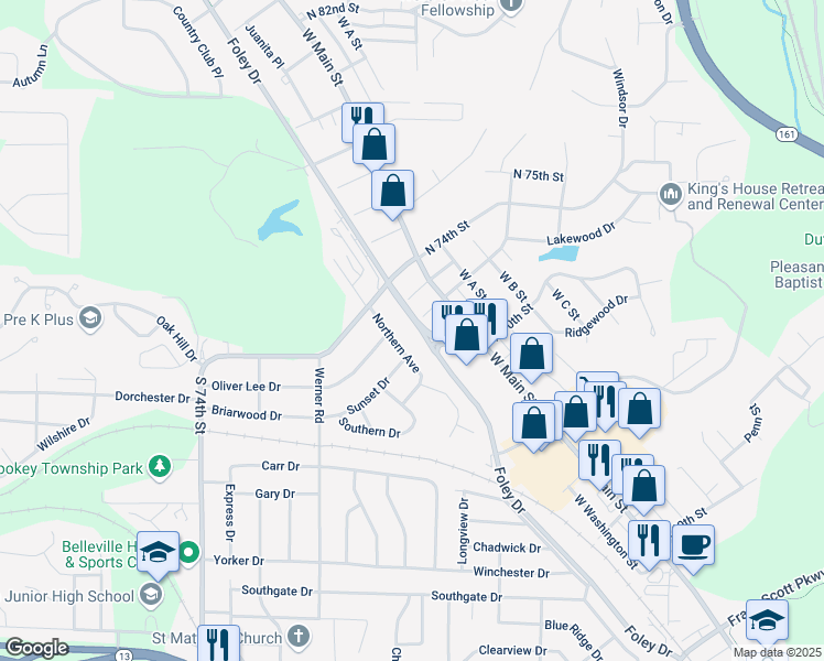 map of restaurants, bars, coffee shops, grocery stores, and more near 7300 Foley Drive in Belleville