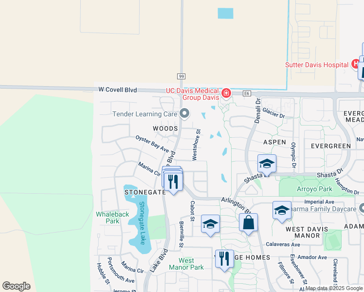 map of restaurants, bars, coffee shops, grocery stores, and more near in Davis