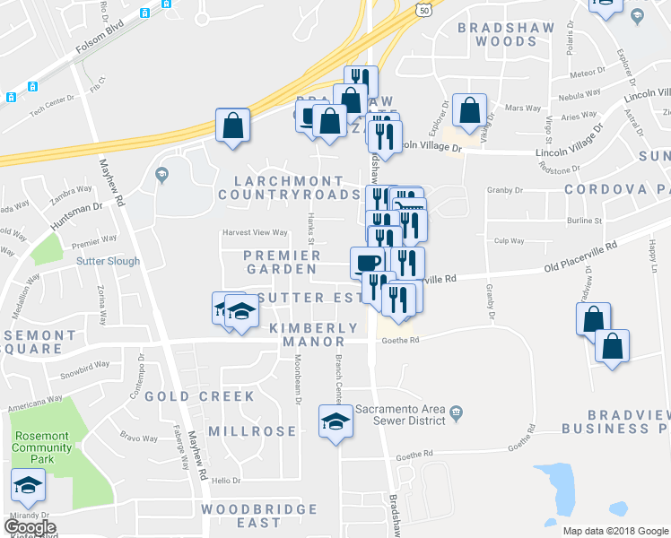 map of restaurants, bars, coffee shops, grocery stores, and more near 9628 Arlisson Drive in Sacramento