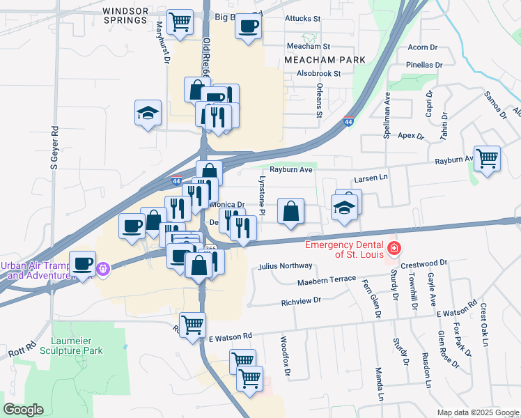 map of restaurants, bars, coffee shops, grocery stores, and more near 156 Monica Drive in St. Louis