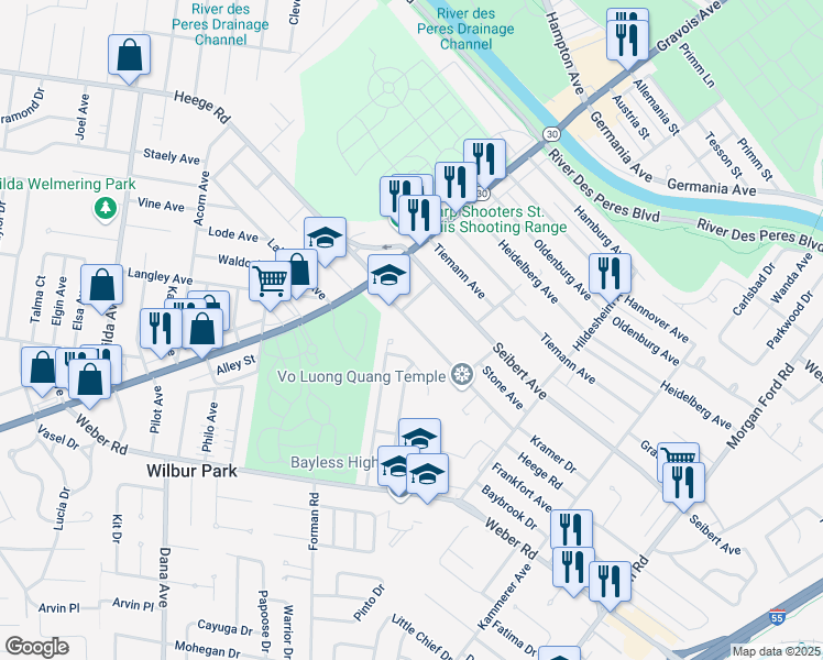 map of restaurants, bars, coffee shops, grocery stores, and more near 4938 Heege Road in St. Louis