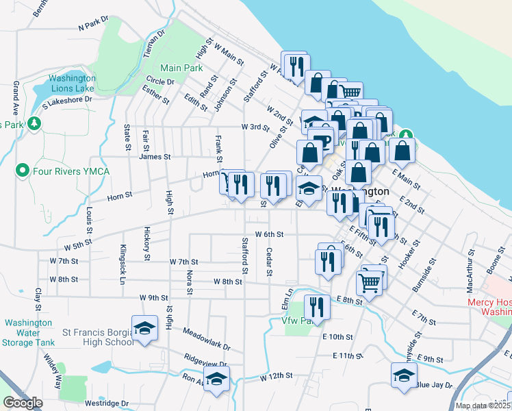 map of restaurants, bars, coffee shops, grocery stores, and more near 505 West 5th Street in Washington