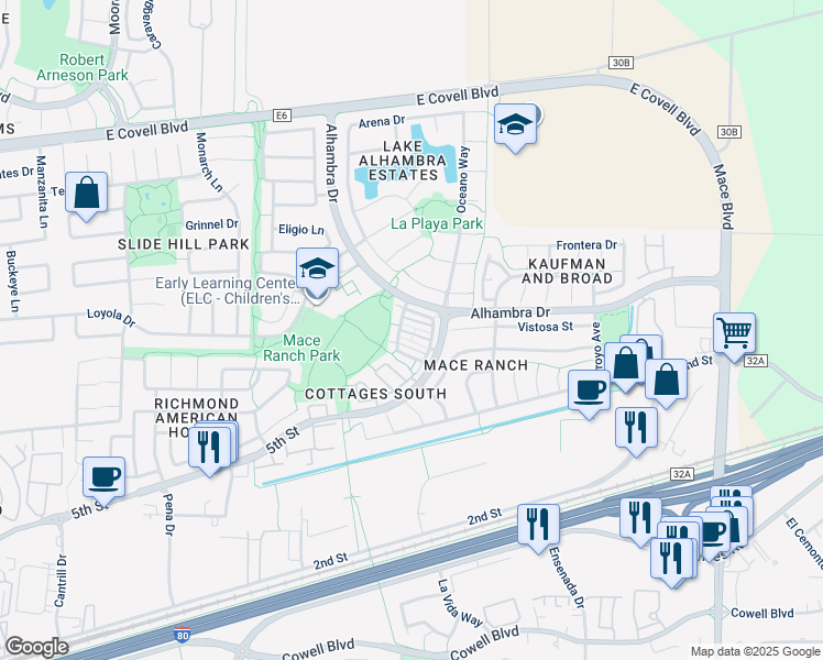 map of restaurants, bars, coffee shops, grocery stores, and more near 3809 Verona Terrace in Davis