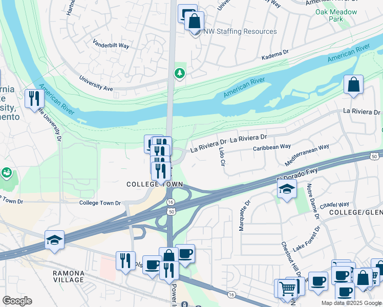 map of restaurants, bars, coffee shops, grocery stores, and more near 7908 La Riviera Drive in Sacramento