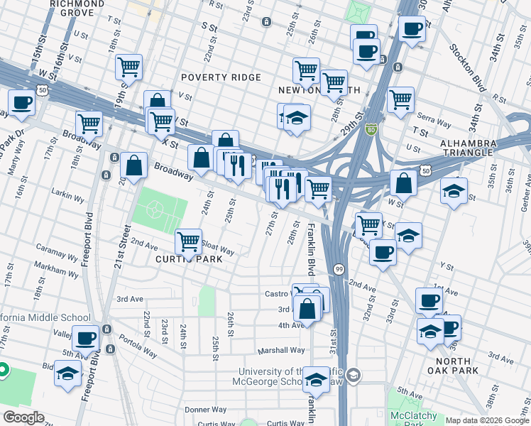 map of restaurants, bars, coffee shops, grocery stores, and more near 2625 Nicasio Lane in Sacramento