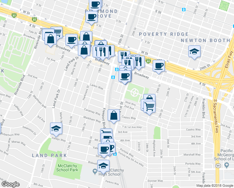 map of restaurants, bars, coffee shops, grocery stores, and more near 1948 Larkin Way in Sacramento