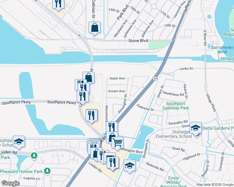 map of restaurants, bars, coffee shops, grocery stores, and more near 2009 Crown Avenue in West Sacramento