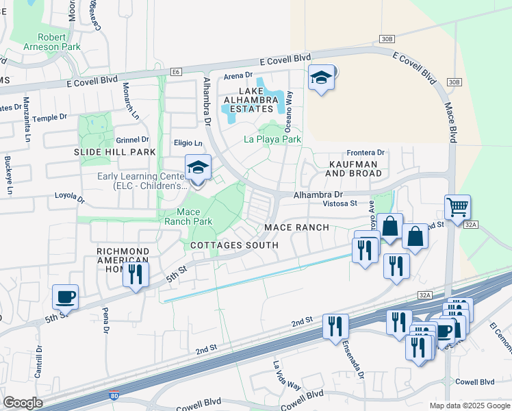 map of restaurants, bars, coffee shops, grocery stores, and more near 3809 Verona Terrace in Davis