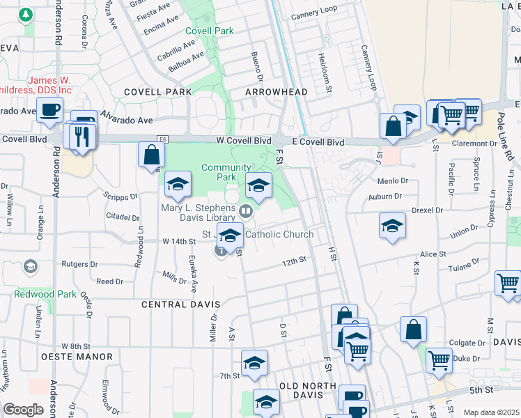 map of restaurants, bars, coffee shops, grocery stores, and more near 555 East 14th Street in Davis