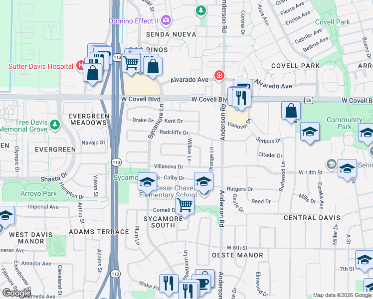 map of restaurants, bars, coffee shops, grocery stores, and more near 914 Fordham Drive in Davis